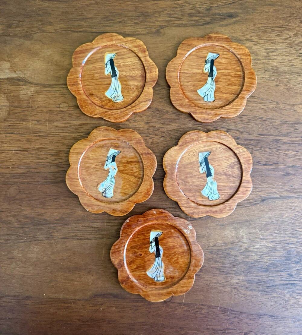 Vintage Wood Flower Coasters Set of 5 Medium Brown Woman Inlay